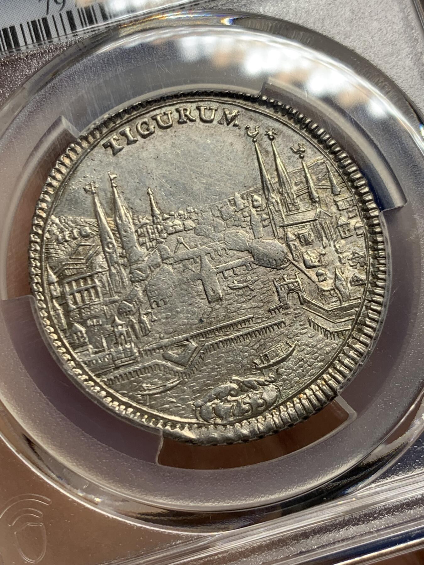 《竞宝斋》第467场 周日，周一 2场连拍 （全场包邮）欢迎送拍 PCGS UNC 瑞士 1753年 苏黎世景观 1/2泰勒银币 打制的非常好