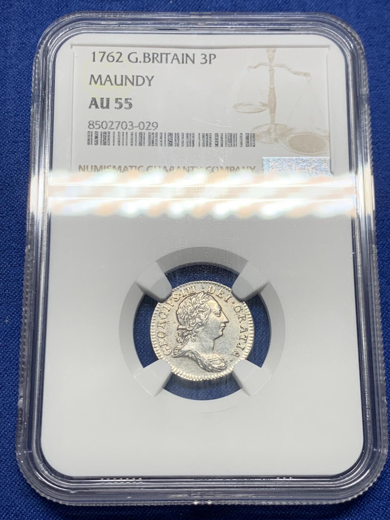 《竞宝斋》第467场 周日，周一 2场连拍 （全场包邮）欢迎送拍 NGC AU55 英国1762年乔治三世3便士濯足币 光度好