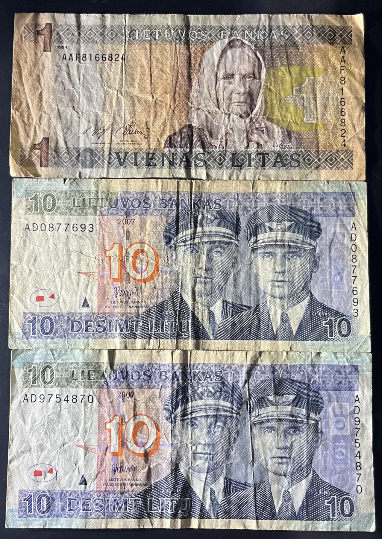 小福收藏拍卖第202期 流通品相裸钞 特惠场 本场全部为欧洲纸币【佣金仅收2% 不设最低佣金 全场包邮】 立陶宛 2007年 10+1994年 1立特 1组3张