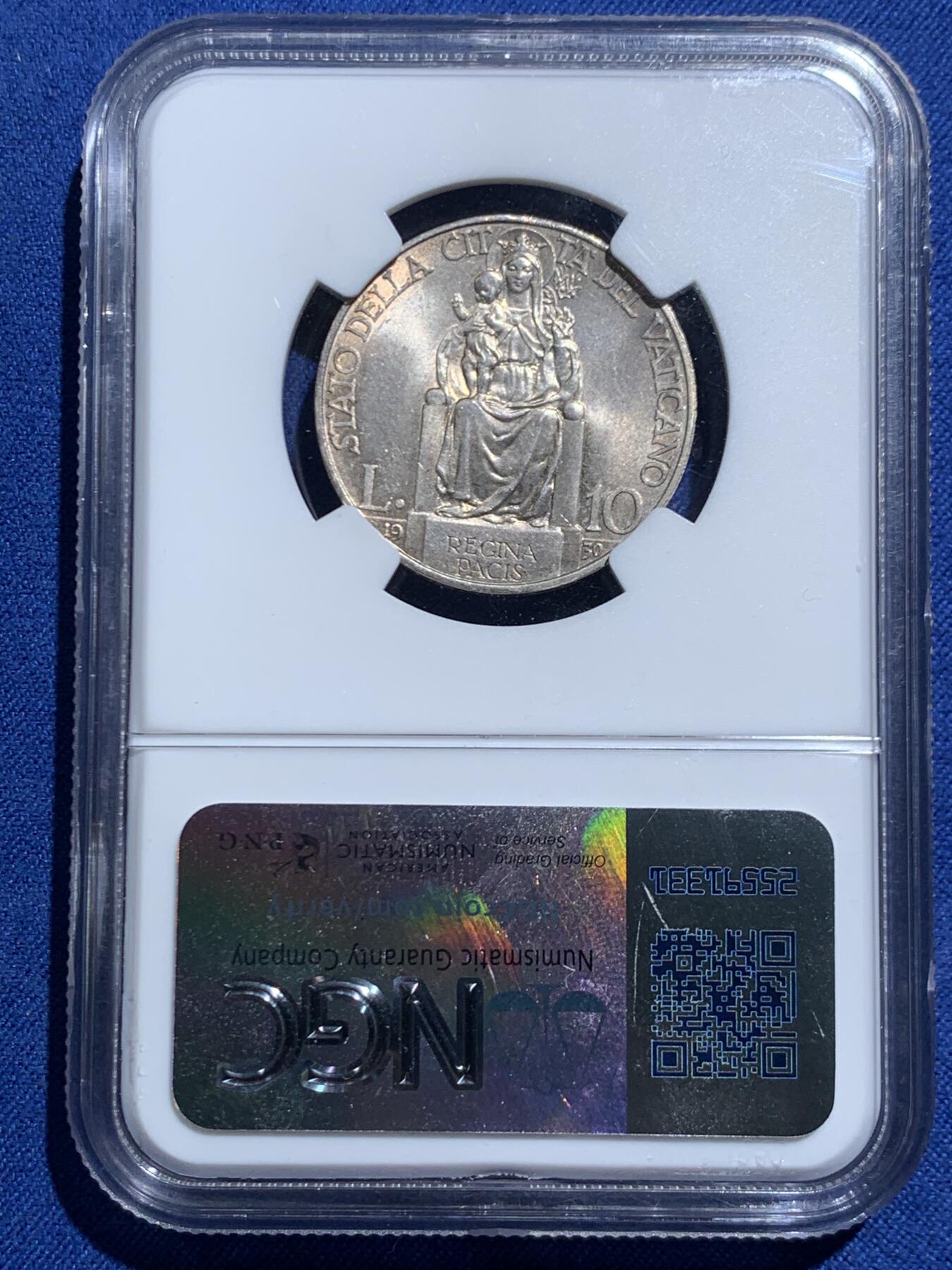 《竞宝斋》第467场 周日，周一 2场连拍 （全场包邮）欢迎送拍 NGC MS64 梵蒂冈1930年教皇10里拉银币