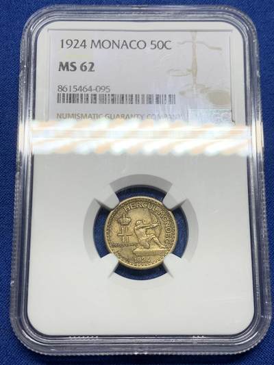《竞宝斋》第467场 周日，周一 2场连拍 （全场包邮）欢迎送拍 - NGC MS62 摩纳哥1924年路易二世50分