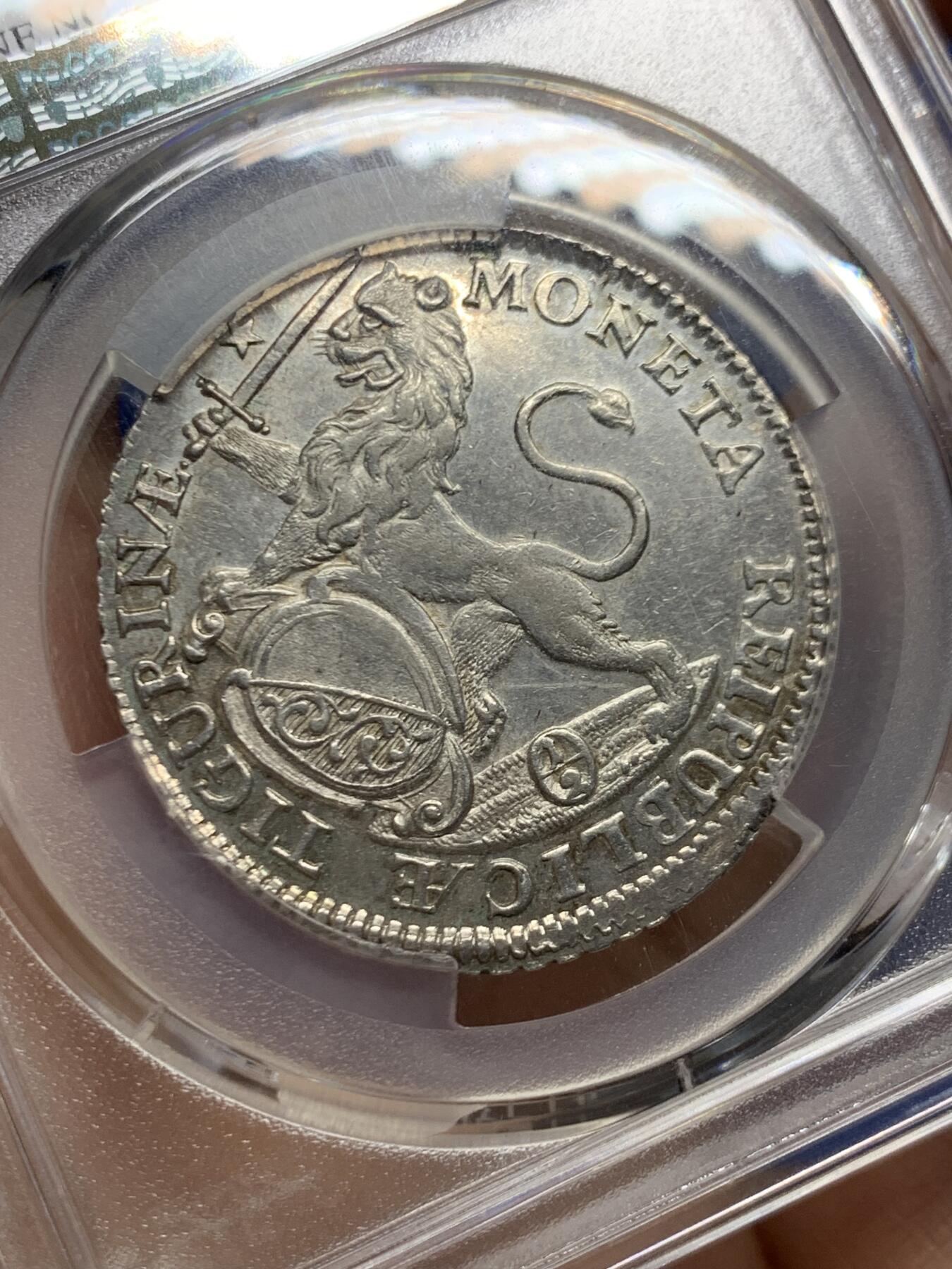 《竞宝斋》第467场 周日，周一 2场连拍 （全场包邮）欢迎送拍 PCGS UNC 瑞士 1753年 苏黎世景观 1/2泰勒银币 打制的非常好