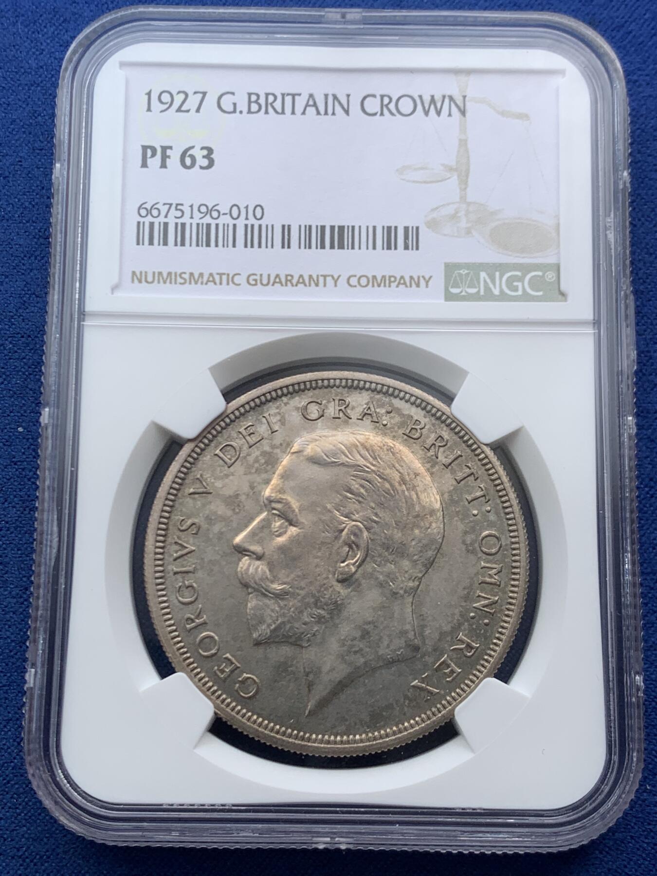 《竞宝斋》第467场 周日，周一 2场连拍 （全场包邮）欢迎送拍 NGC PF63 英国1927年乔治五世花冠精制克朗 发行量15000枚