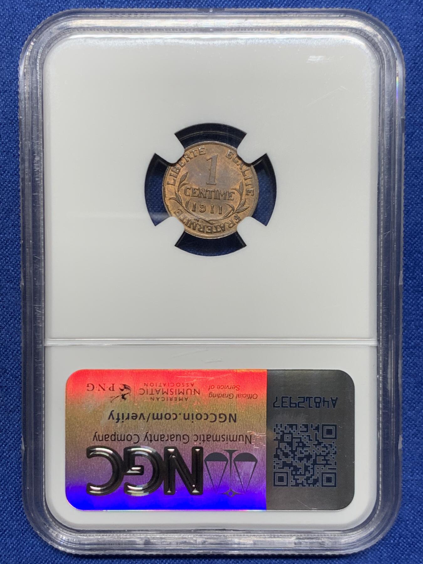 《竞宝斋》第467场 周日，周一 2场连拍 （全场包邮）欢迎送拍 NGC MS63RB 法国1911年1分铜币