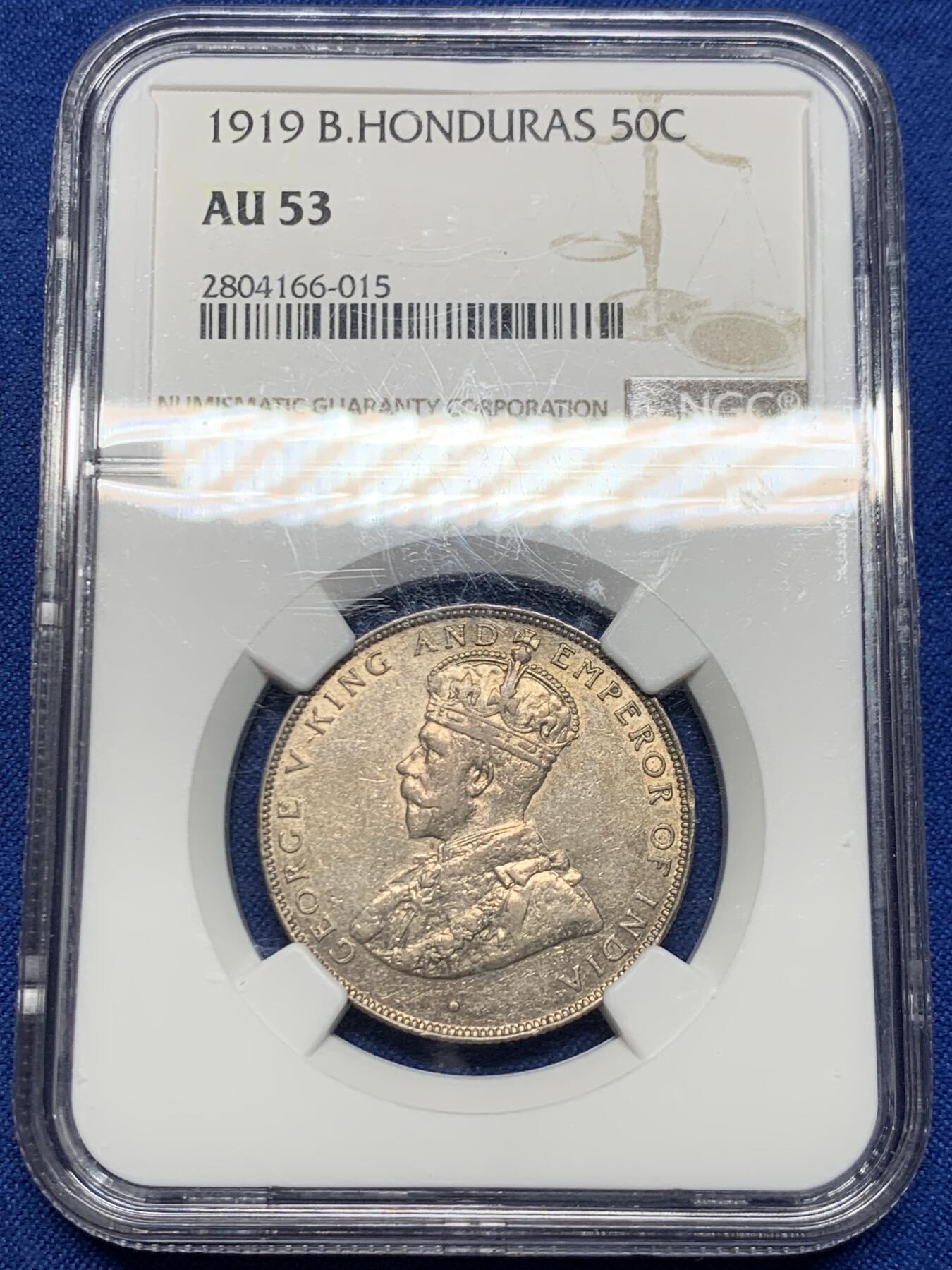 《竞宝斋》第467场 周日，周一 2场连拍 （全场包邮）欢迎送拍 NGC AU53 英属洪都拉斯 1919年 50分银币 仅4万的发行量