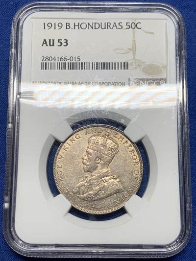 《竞宝斋》第467场 周日，周一 2场连拍 （全场包邮）欢迎送拍 - NGC AU53 英属洪都拉斯 1919年 50分银币 仅4万的发行量