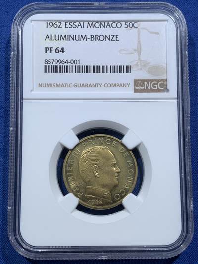 《竞宝斋》第467场 周日，周一 2场连拍 （全场包邮）欢迎送拍 - NGC PF64 摩纳哥1962年雷尼尔三世50分 精制样币 少