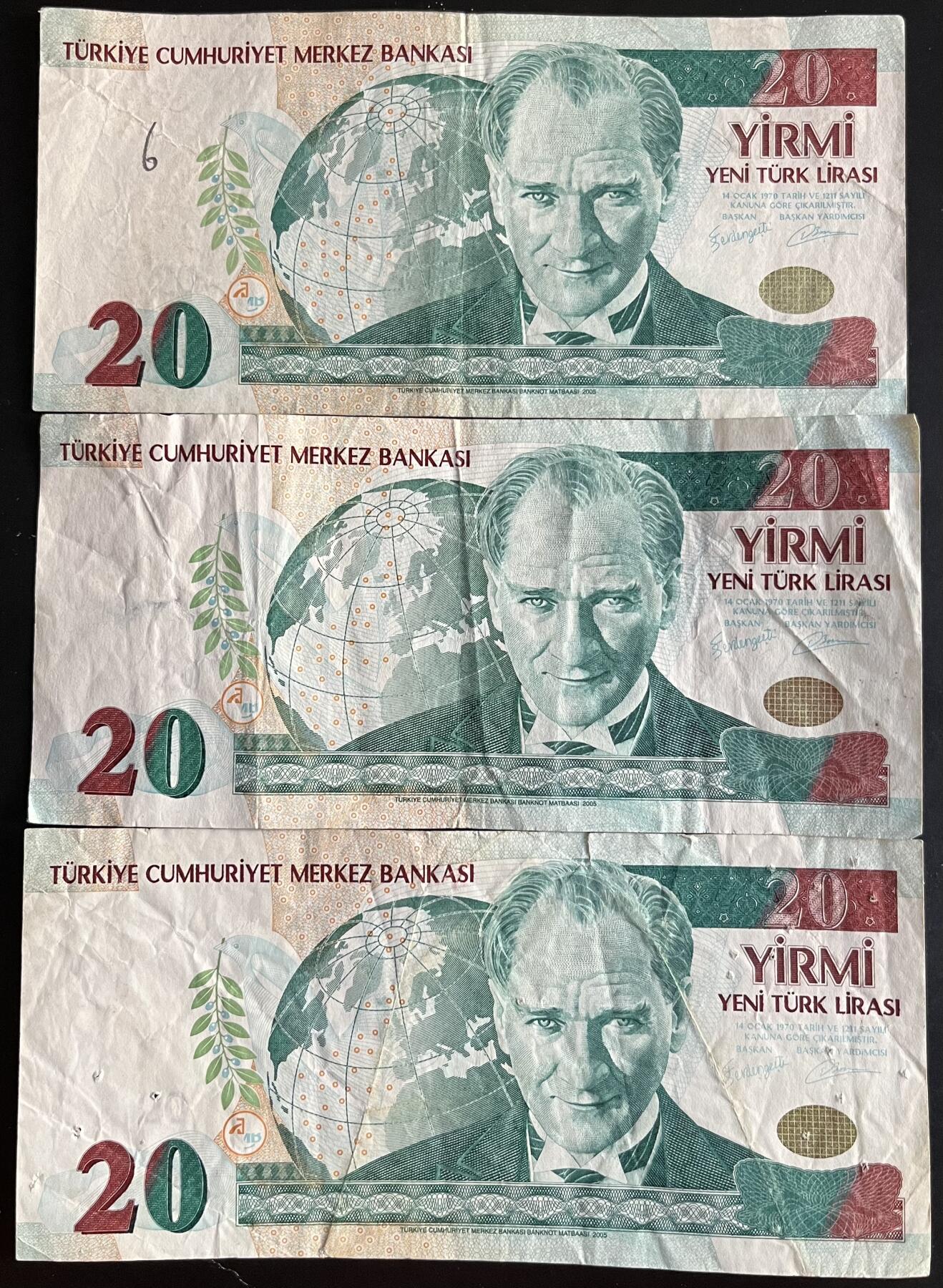小福收藏拍卖第201期 流通品相裸钞 特惠场 本场拍卖美洲大洋洲非洲亚洲纸币【佣金仅收2% 不设最低佣金 全场包邮】 土耳其 2005年 20里拉 1组3张