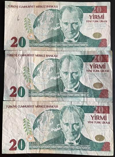 小福收藏拍卖第201期 流通品相裸钞 特惠场 本场拍卖美洲大洋洲非洲亚洲纸币【佣金仅收2% 不设最低佣金 全场包邮】 - 土耳其 2005年 20里拉 1组3张