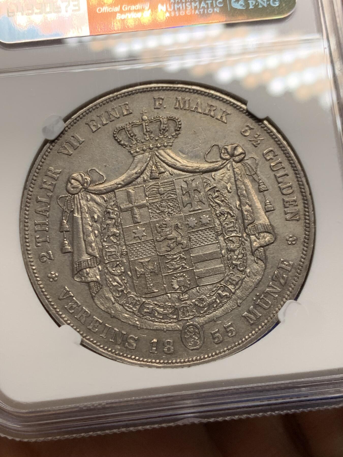 《竞宝斋》第467场 周日，周一 2场连拍 （全场包邮）欢迎送拍 NGC AU 德国 1855年 黑森卡塞尔 2泰勒大银币 37克大窗帘 细节保存的很好