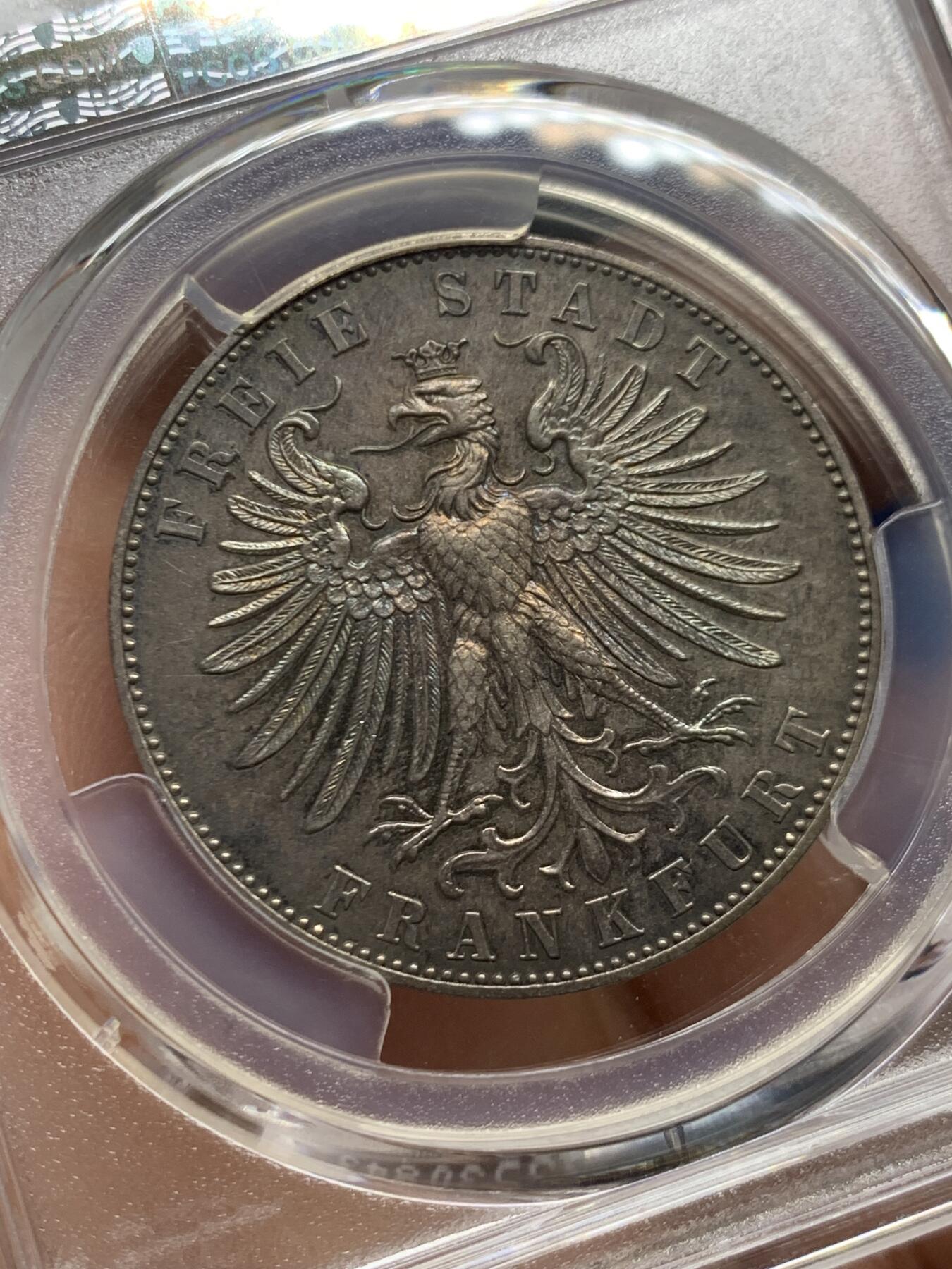 《竞宝斋》第467场 周日，周一 2场连拍 （全场包邮）欢迎送拍 PCGS MS62 德国1862年法兰克福射击节1泰勒银币，酱彩老包浆