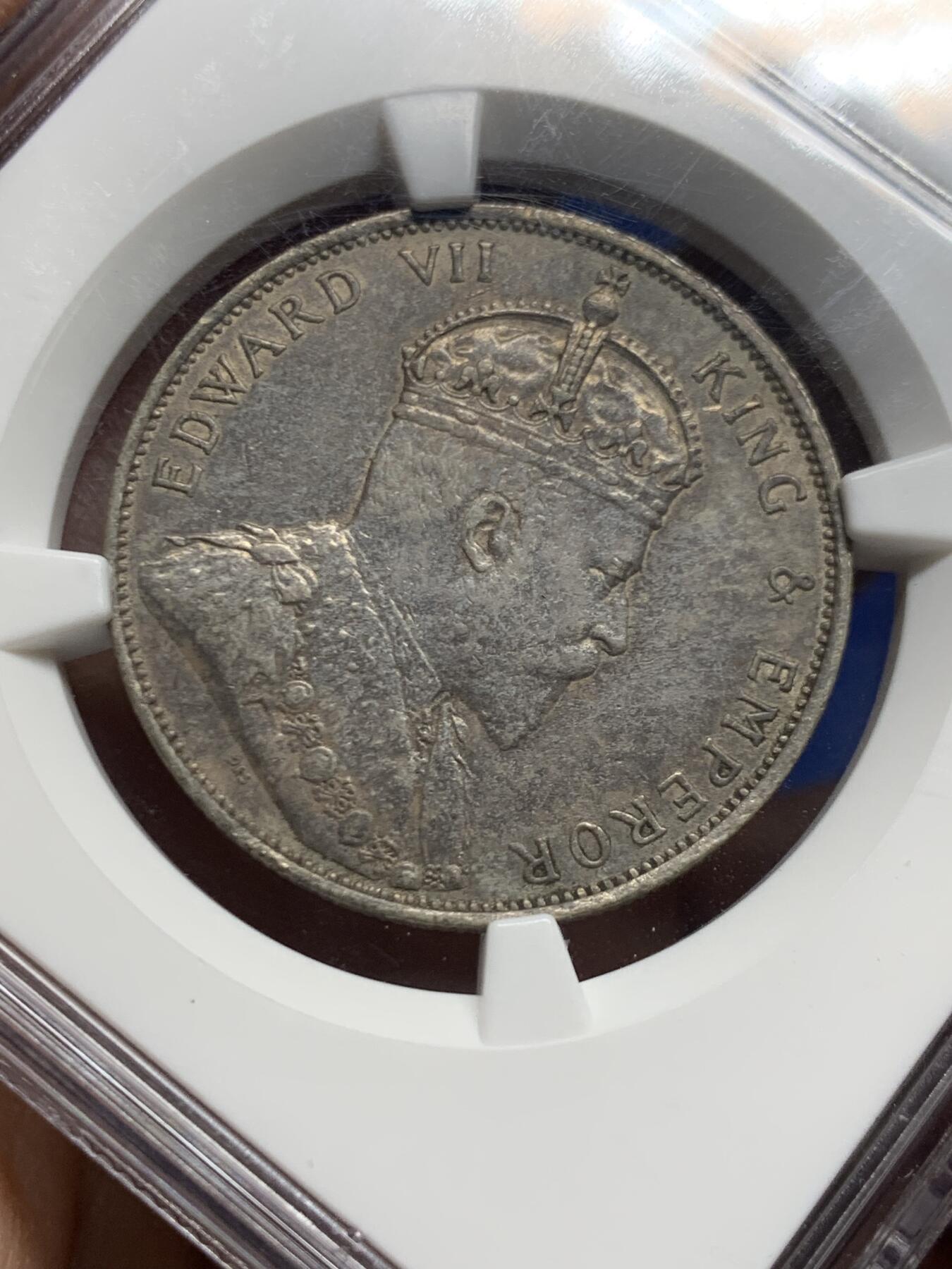 《竞宝斋》第467场 周日，周一 2场连拍 （全场包邮）欢迎送拍 NGC MS62 香港 1905年 爱德华 半圆 银币 人像清晰 自然包浆 值得收藏