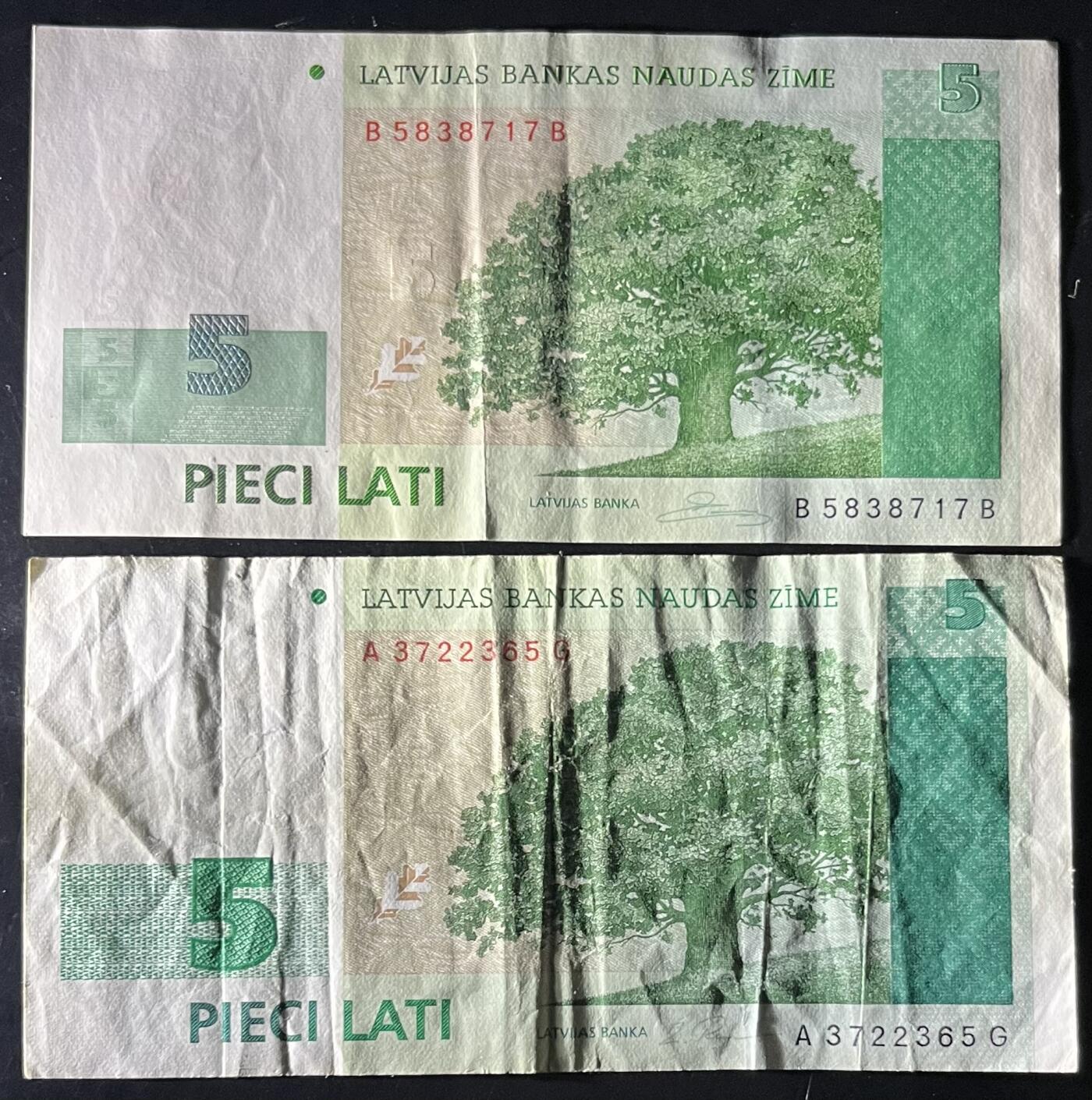 小福收藏拍卖第202期 流通品相裸钞 特惠场 本场全部为欧洲纸币【佣金仅收2% 不设最低佣金 全场包邮】 拉脱维亚 1996年+2009年 5拉特 首版首年+末版 1组2张 VF- AUNC
