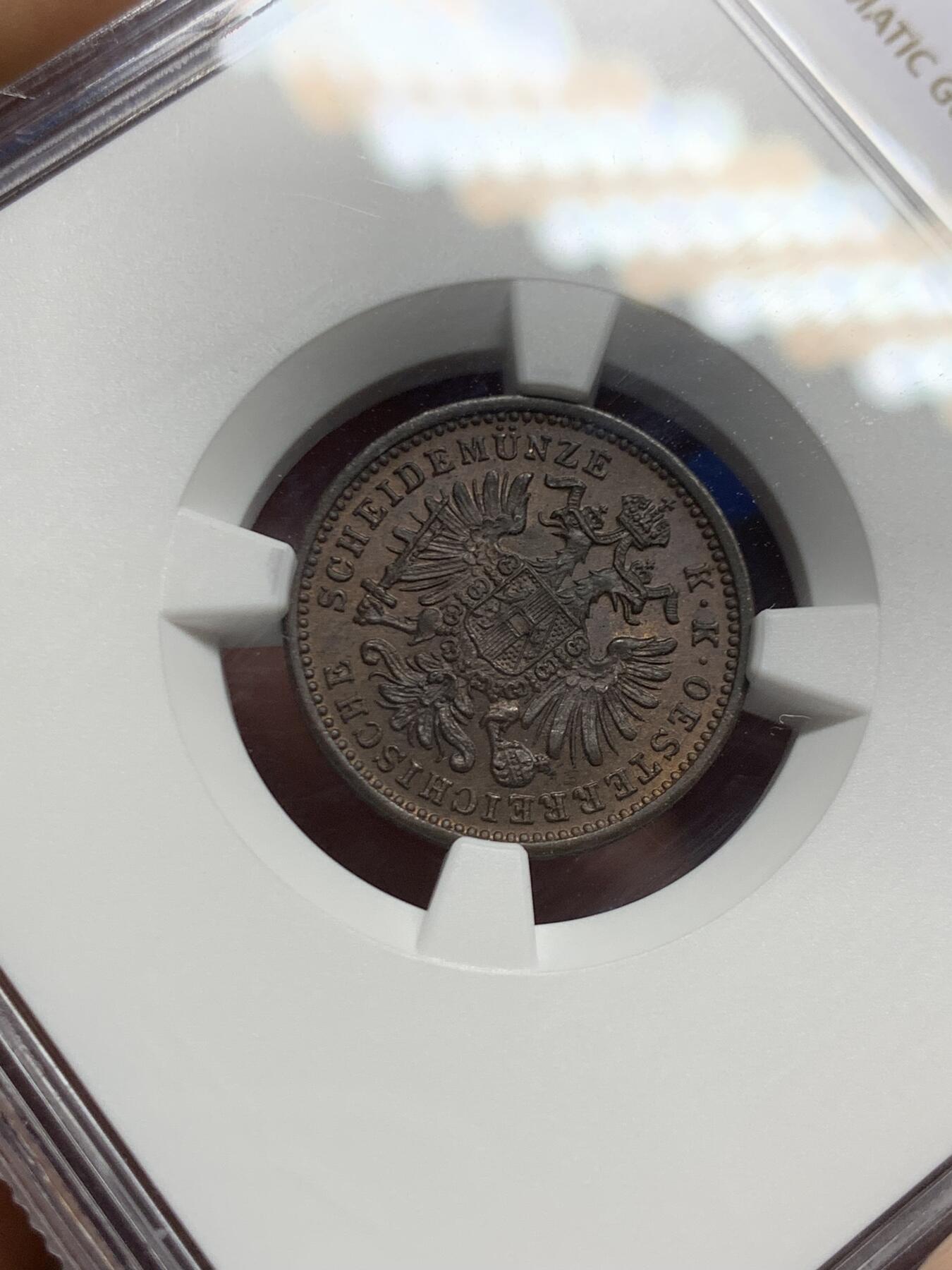 《竞宝斋》第467场 周日，周一 2场连拍 （全场包邮）欢迎送拍 NGC MS62BN 奥地利1891年1K铜币