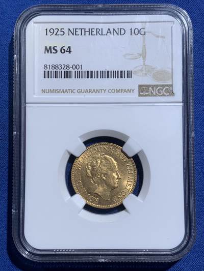 《竞宝斋》第467场 周日，周一 2场连拍 （全场包邮）欢迎送拍 - NGC MS64 荷兰1925年威廉明娜女王10盾金币，高分适合收藏，6.72g，900金。