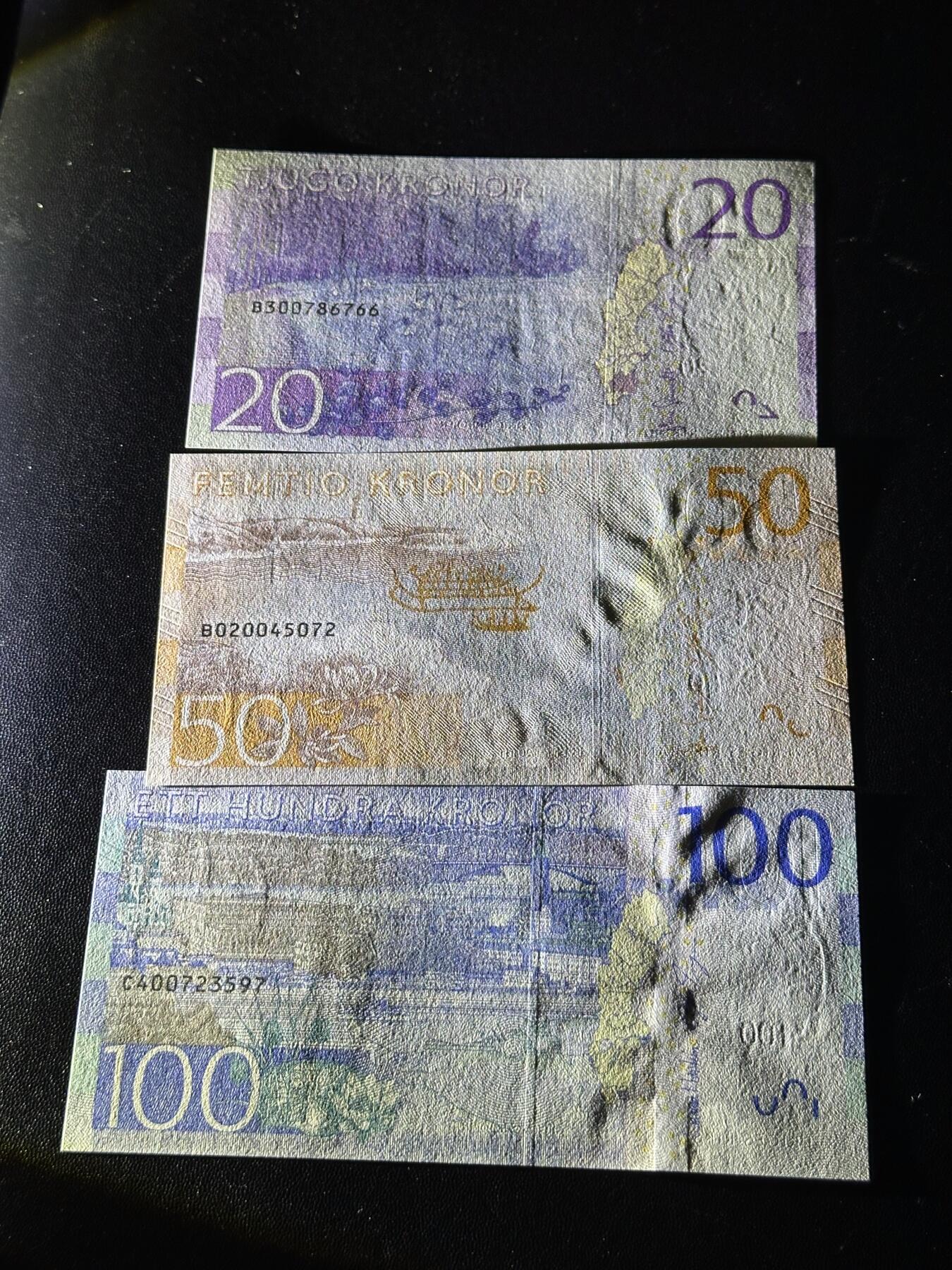 《外钞收藏家》第六百一十四期（精选场）（长期征集拍品、欢迎藏友们联系合作） 瑞典最新版20、50、100克朗 3张一起 全新UNC