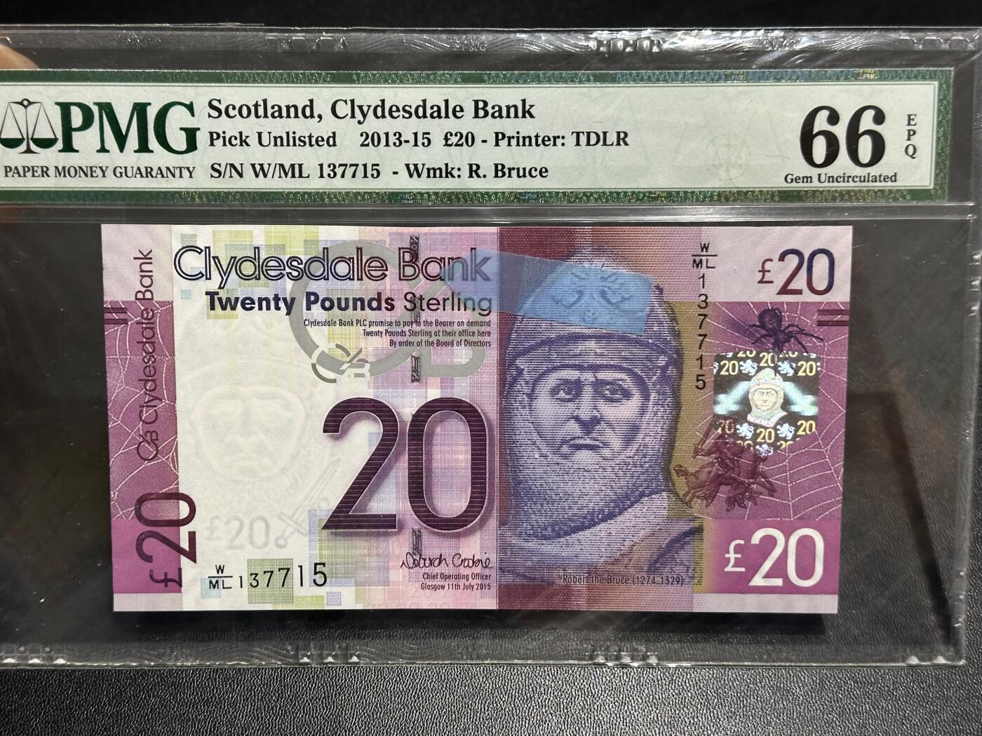 《外钞收藏家》第六百一十四期（精选场）（长期征集拍品、欢迎藏友们联系合作） 2015年苏格兰克莱斯戴尔银行20镑 PMG66