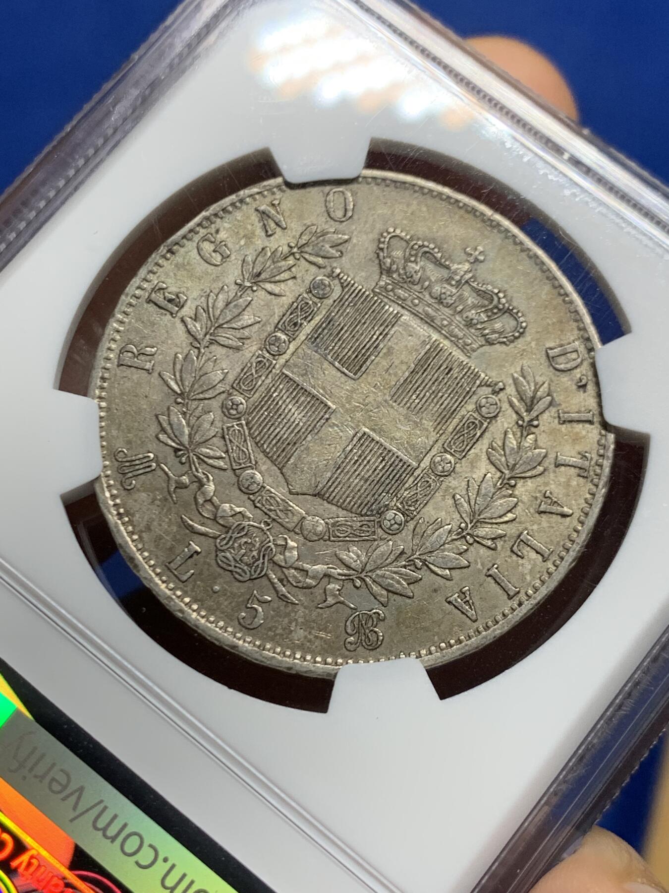 《竞宝斋》第467场 周日，周一 2场连拍 （全场包邮）欢迎送拍 NGC AU53 意大利 1870年 艾曼纽尔二世 5里拉大银币