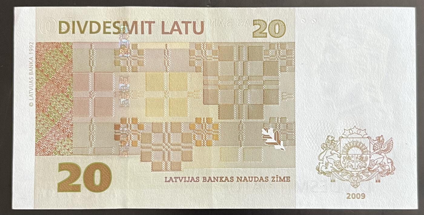 小福收藏拍卖第202期 流通品相裸钞 特惠场 本场全部为欧洲纸币【佣金仅收2% 不设最低佣金 全场包邮】 拉脱维亚 2009年 20拉特 末版 AUNC