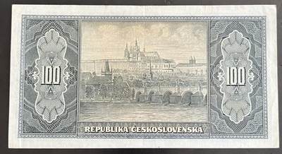 小福收藏拍卖第202期 流通品相裸钞 特惠场 本场全部为欧洲纸币【佣金仅收2% 不设最低佣金 全场包邮】 捷克斯洛伐克 1945年 100克朗 AUNC 实票罕见