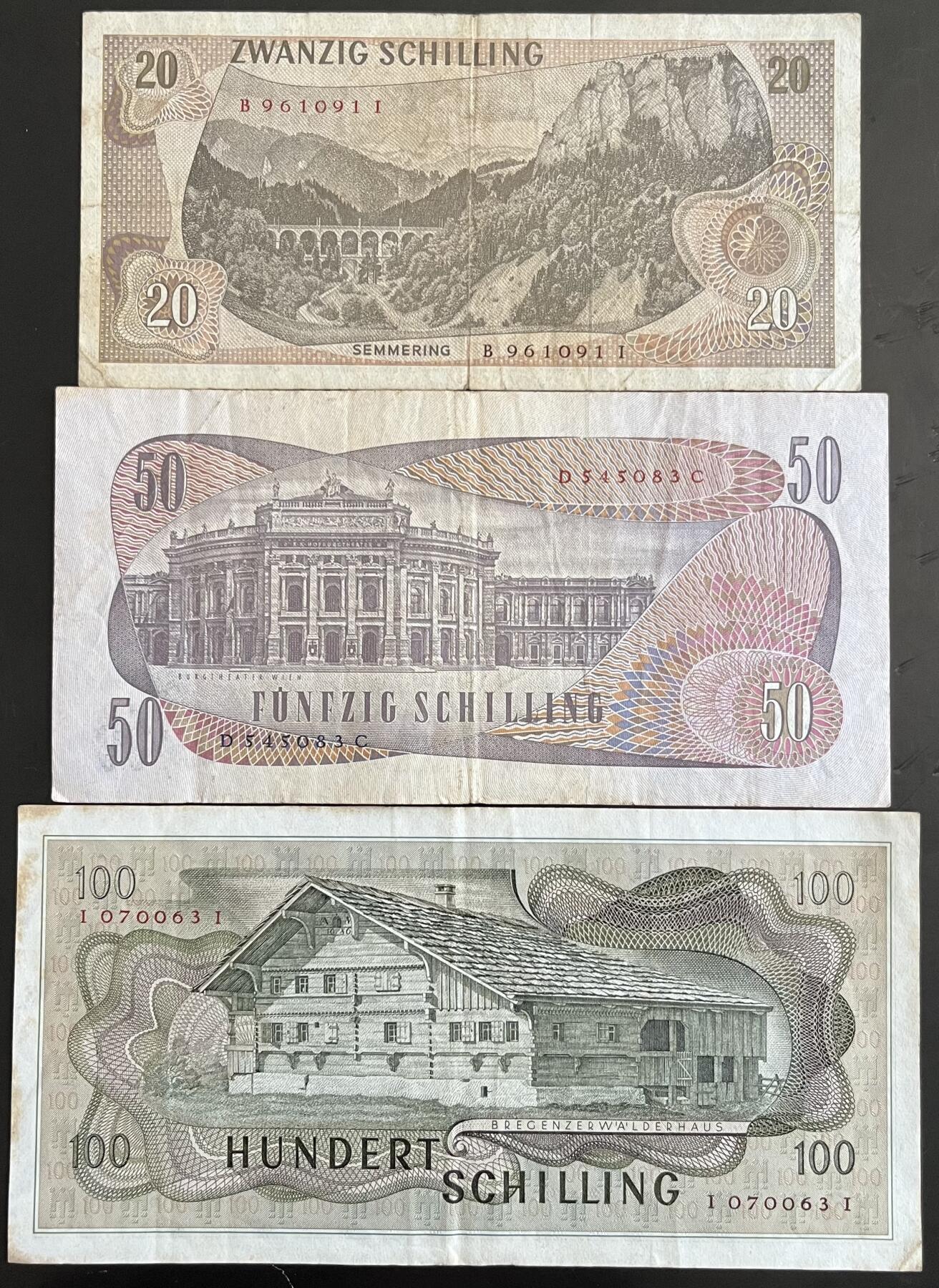 小福收藏拍卖第202期 流通品相裸钞 特惠场 本场全部为欧洲纸币【佣金仅收2% 不设最低佣金 全场包邮】 奥地利 20+50+100先令 1组3张