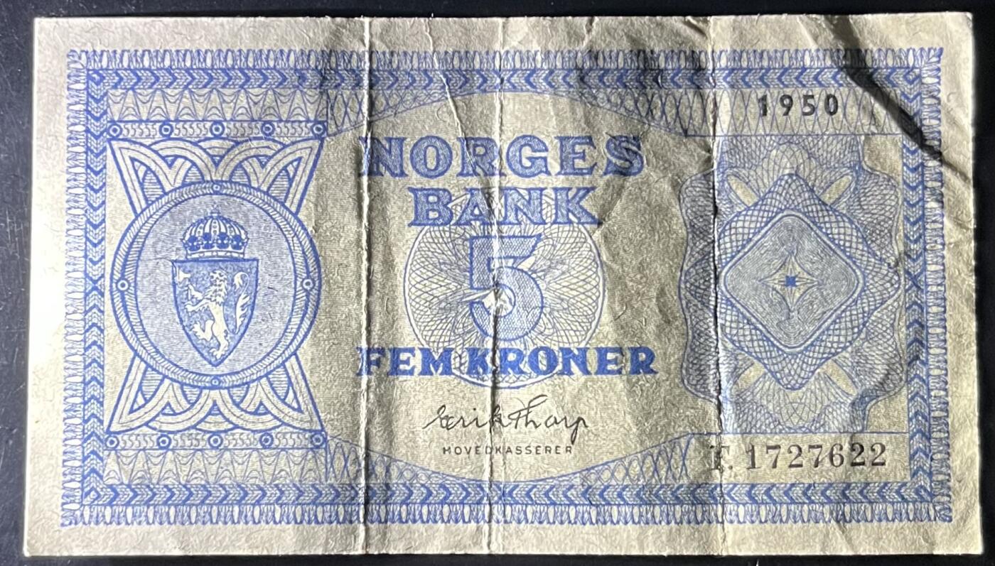 小福收藏拍卖第202期 流通品相裸钞 特惠场 本场全部为欧洲纸币【佣金仅收2% 不设最低佣金 全场包邮】 挪威 1950年 5克朗 XF