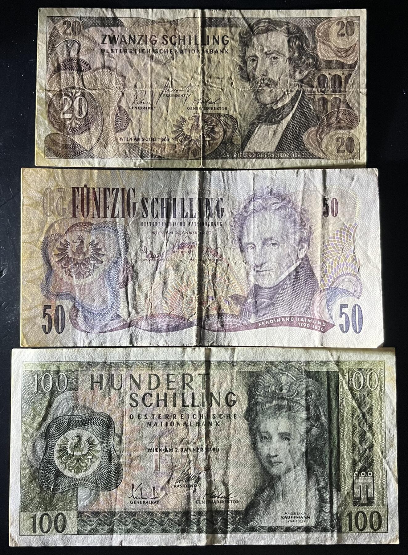 小福收藏拍卖第202期 流通品相裸钞 特惠场 本场全部为欧洲纸币【佣金仅收2% 不设最低佣金 全场包邮】 奥地利 20+50+100先令 1组3张