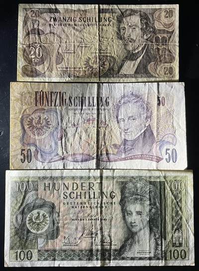 小福收藏拍卖第202期 流通品相裸钞 特惠场 本场全部为欧洲纸币【佣金仅收2% 不设最低佣金 全场包邮】 奥地利 20+50+100先令 1组3张