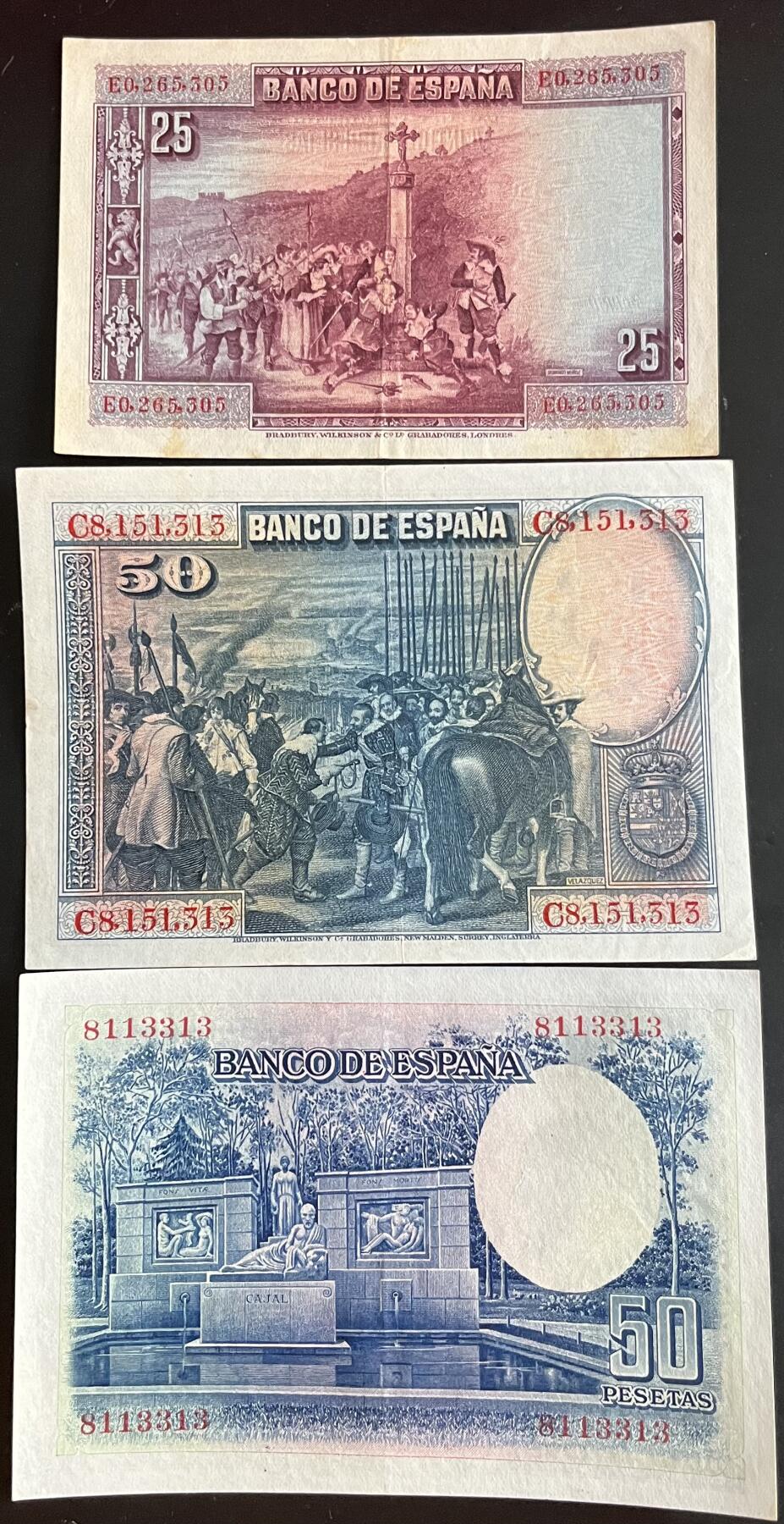 小福收藏拍卖第202期 流通品相裸钞 特惠场 本场全部为欧洲纸币【佣金仅收2% 不设最低佣金 全场包邮】 西班牙 1928年 25+50+1935年 50比塞塔 1组3张无47