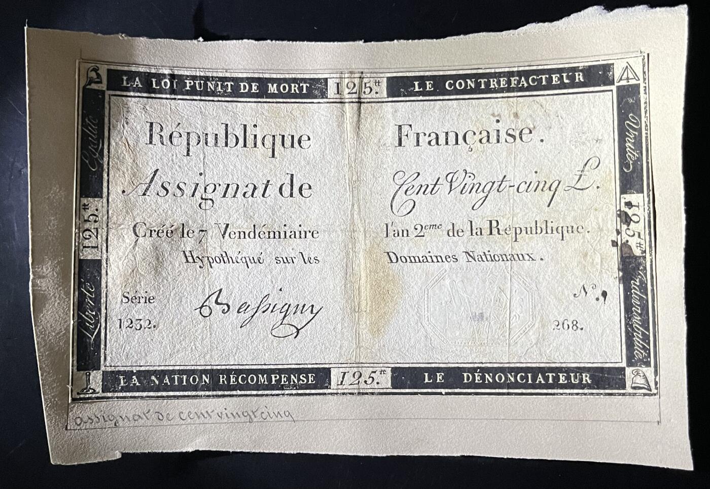 小福收藏拍卖第202期 流通品相裸钞 特惠场 本场全部为欧洲纸币【佣金仅收2% 不设最低佣金 全场包邮】 法国 1793年 125Livres 单面印刷 粘贴在纸卡上