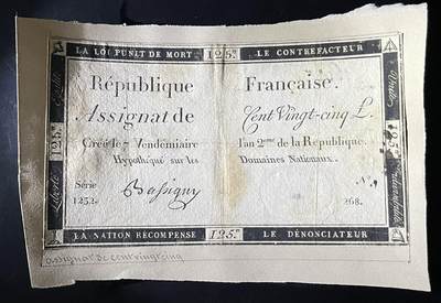小福收藏拍卖第202期 流通品相裸钞 特惠场 本场全部为欧洲纸币【佣金仅收2% 不设最低佣金 全场包邮】 法国 1793年 125Livres 单面印刷 粘贴在纸卡上