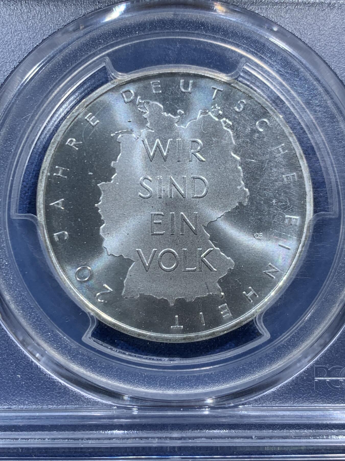 《竞宝斋》第467场 周日，周一 2场连拍 （全场包邮）欢迎送拍 PCGS MS67 德国2010年统一20周年10欧元纪念银币，“我们是一个民族”（这是1989年柏林墙倒塌后，东德和西德人民喊出的标志性口号），18克，925银，PCGS冠军分。