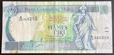 小福收藏拍卖第202期 流通品相裸钞 特惠场 本场全部为欧洲纸币【佣金仅收2% 不设最低佣金 全场包邮】 - 马耳他 1994年 5里拉