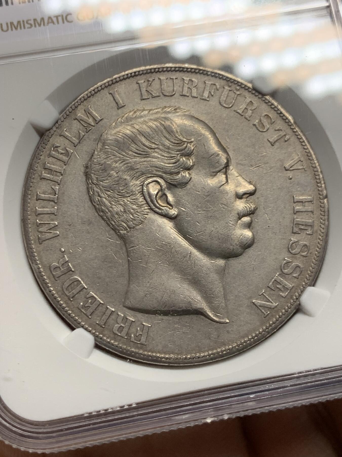 《竞宝斋》第467场 周日，周一 2场连拍 （全场包邮）欢迎送拍 NGC AU 德国 1855年 黑森卡塞尔 2泰勒大银币 37克大窗帘 细节保存的很好