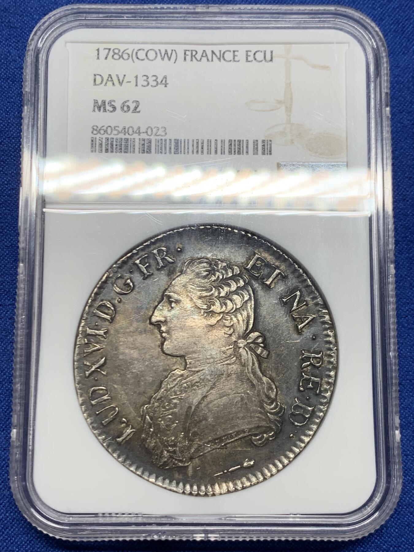 《竞宝斋》第467场 周日，周一 2场连拍 （全场包邮）欢迎送拍 NGC MS62 深彩法国1786年（COW）路易十六1埃居大银币，COW奶牛标少见，贝恩省造