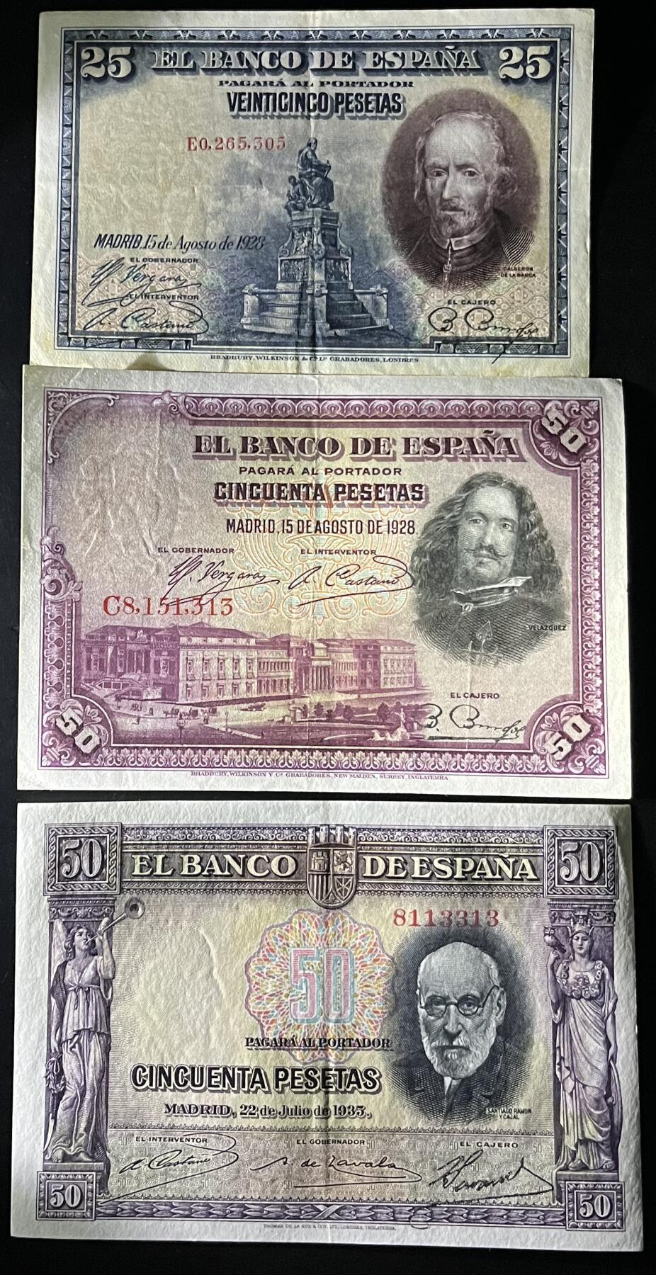 小福收藏拍卖第202期 流通品相裸钞 特惠场 本场全部为欧洲纸币【佣金仅收2% 不设最低佣金 全场包邮】 西班牙 1928年 25+50+1935年 50比塞塔 1组3张无47