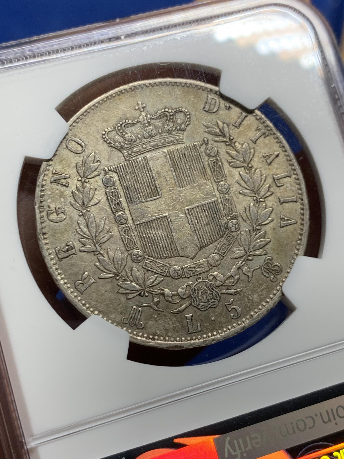 《竞宝斋》第467场 周日，周一 2场连拍 （全场包邮）欢迎送拍 NGC AU53 意大利 1870年 艾曼纽尔二世 5里拉大银币