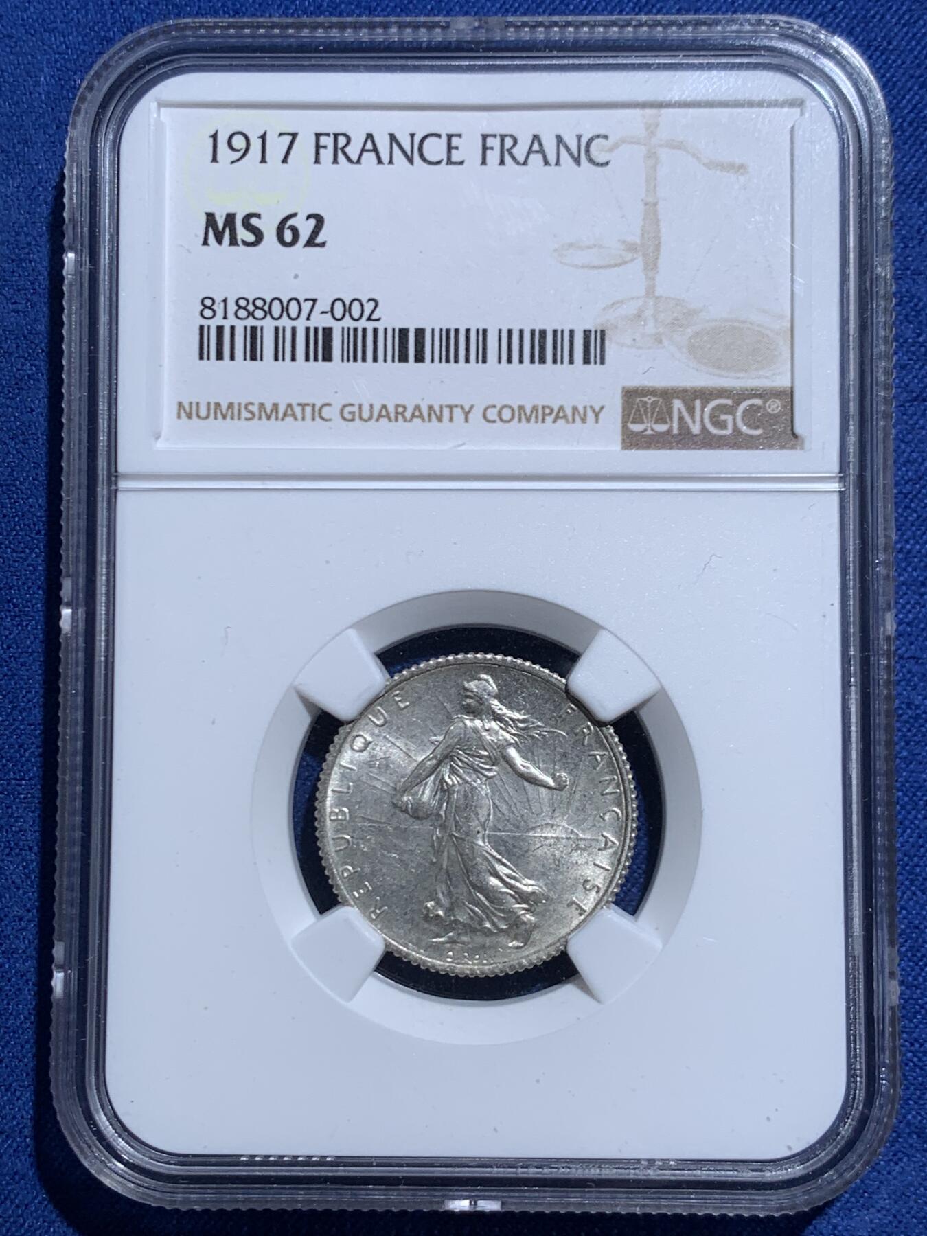 《竞宝斋》第467场 周日，周一 2场连拍 （全场包邮）欢迎送拍 NGC MS62 法国1917年播种女神1法郎银币