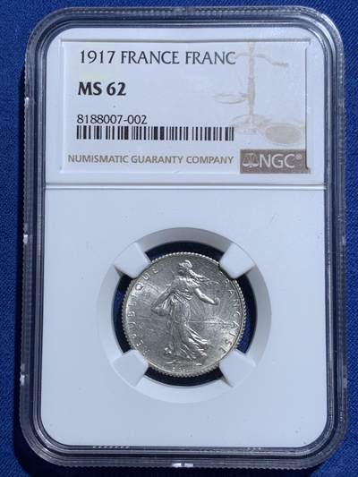 《竞宝斋》第467场 周日，周一 2场连拍 （全场包邮）欢迎送拍 - NGC MS62 法国1917年播种女神1法郎银币