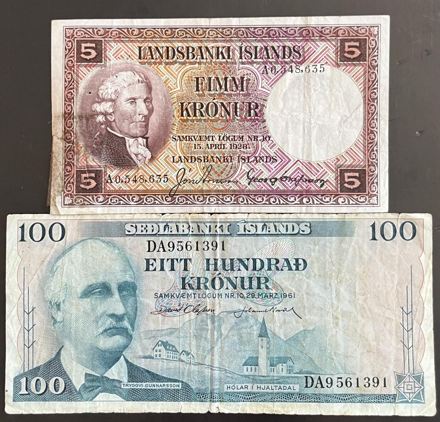 小福收藏拍卖第202期 流通品相裸钞 特惠场 本场全部为欧洲纸币【佣金仅收2% 不设最低佣金 全场包邮】 冰岛 1961年 100+1928年 5克朗 1组2张