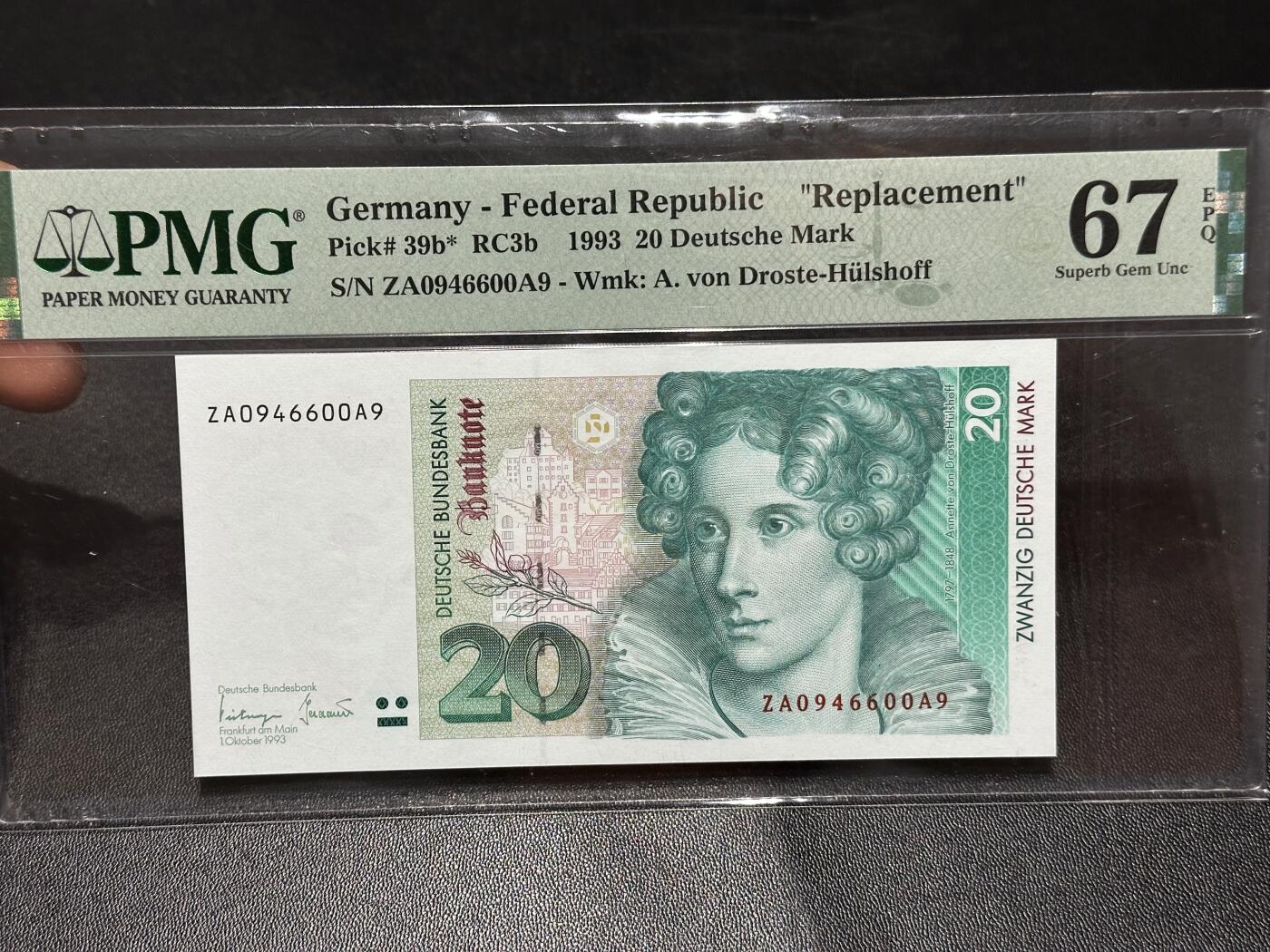 《外钞收藏家》第六百一十四期（精选场）（长期征集拍品、欢迎藏友们联系合作） 1993年德国末版20克朗 PMG67 补号