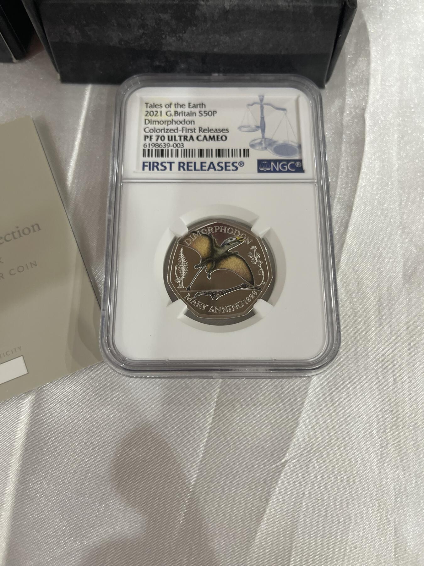 2021年英国玛丽·安宁收藏系列双型齿翼龙纪念银币，NGC评级70分，首期蓝标，限量01000枚，带原装盒和证