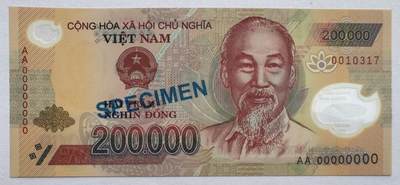2026第4场（总第231期）：精品测试钞、外钞综合场  - 票样Specimen 越南2006年版200000盾塑料钞样票AUNC（有浅压痕）