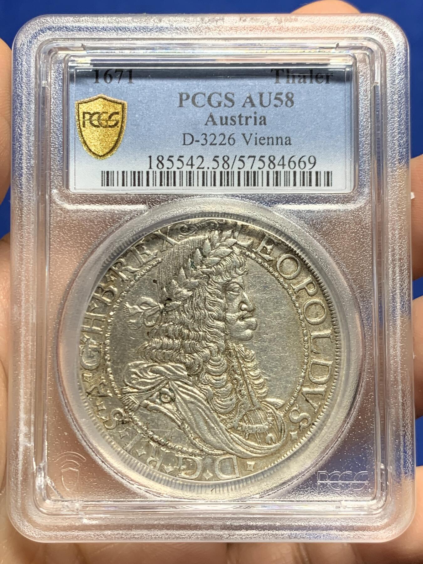 《竞宝斋》第467场 周日，周一 2场连拍 （全场包邮）欢迎送拍 唯一亚军分 PCGS AU58 神圣罗马帝国 1671年 利奥波德一世 猪嘴泰勒大银币 双面深打 这个时期的工艺有这个状态确实不易 加厚盒装