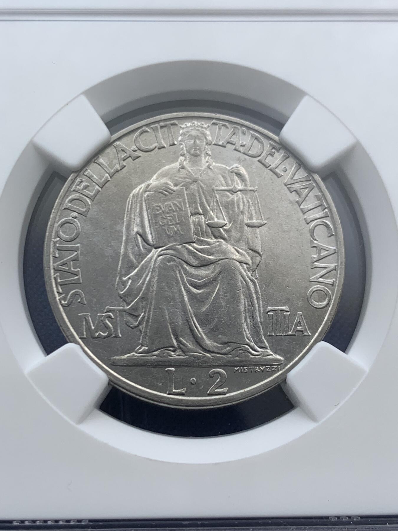 《竞宝斋》第467场 周日，周一 2场连拍 （全场包邮）欢迎送拍 NGC MS65 梵蒂冈1942年2里拉镍币 高分！