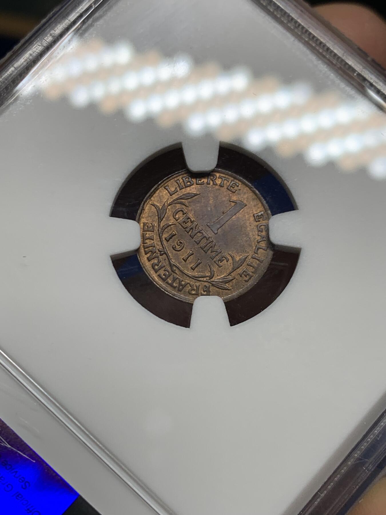 《竞宝斋》第467场 周日，周一 2场连拍 （全场包邮）欢迎送拍 NGC MS63RB 法国1911年1分铜币