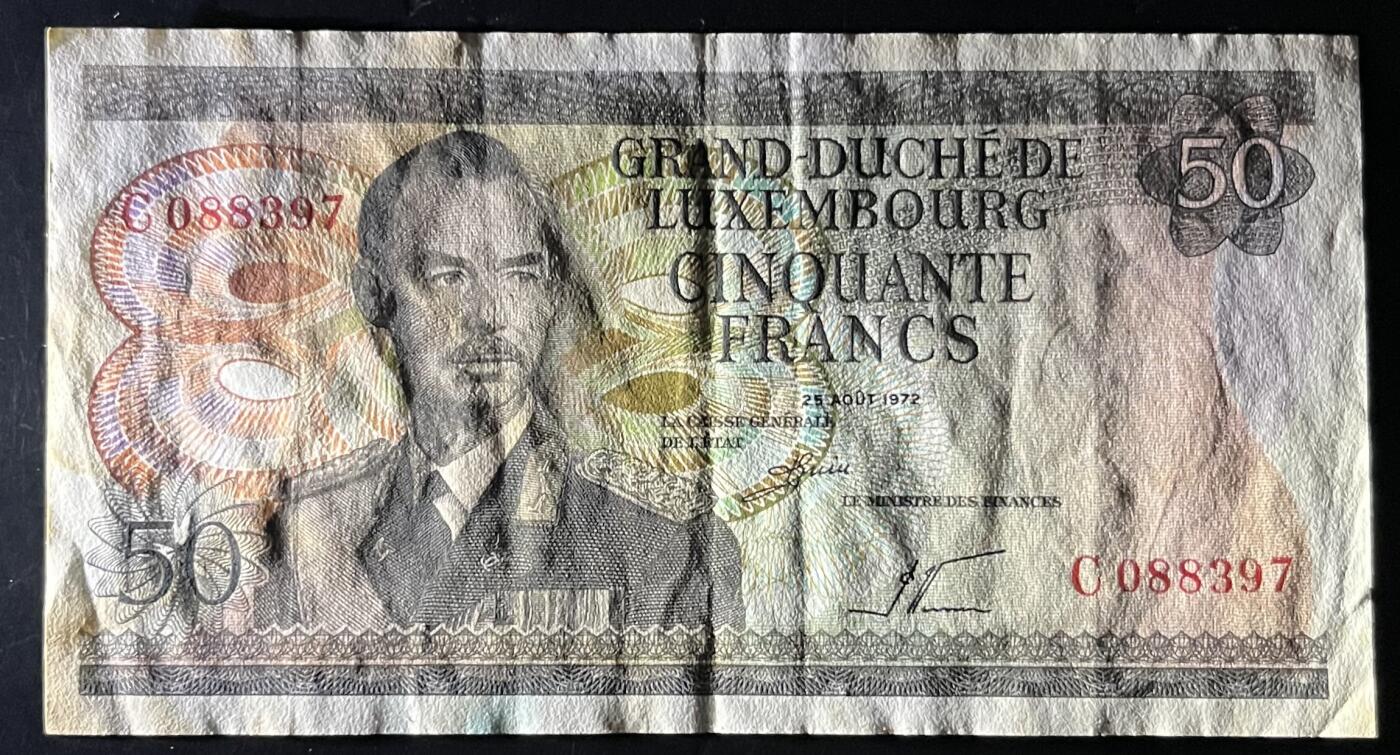 小福收藏拍卖第202期 流通品相裸钞 特惠场 本场全部为欧洲纸币【佣金仅收2% 不设最低佣金 全场包邮】 卢森堡 1972年 50法郎
