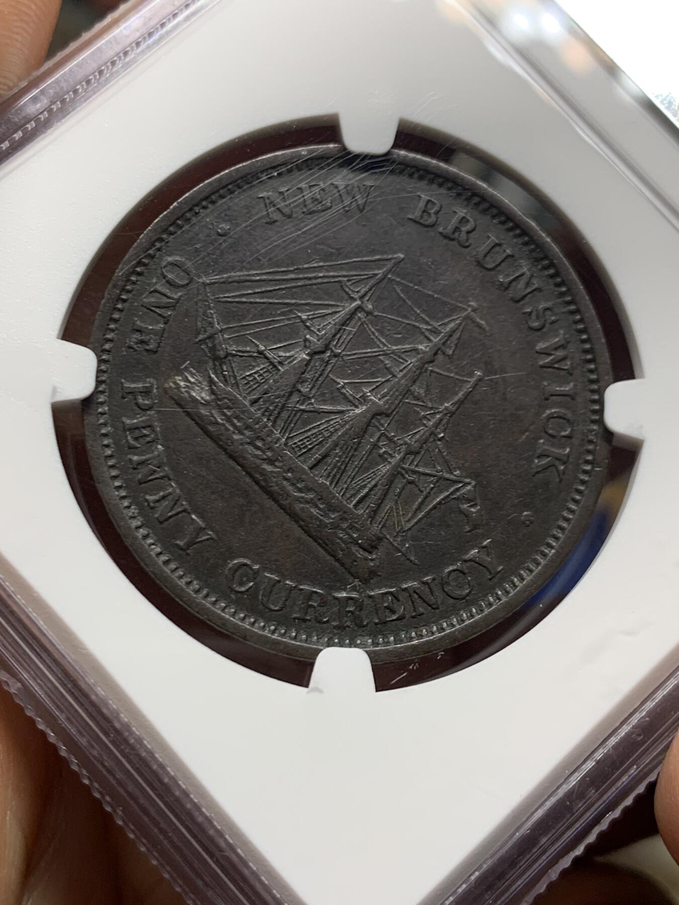 《竞宝斋》第467场 周日，周一 2场连拍 （全场包邮）欢迎送拍 NGC VF35BN 加拿大新不伦瑞克1854年维多利亚女王侧像1便士铜币