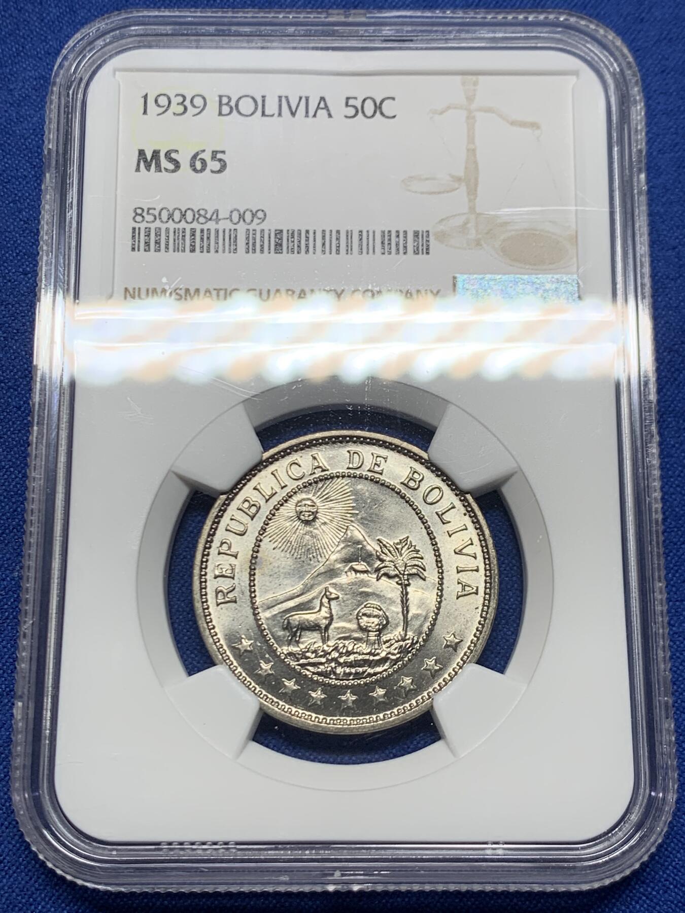 《竞宝斋》第467场 周日，周一 2场连拍 （全场包邮）欢迎送拍 NGC MS65 玻利维亚1939年50分镍币