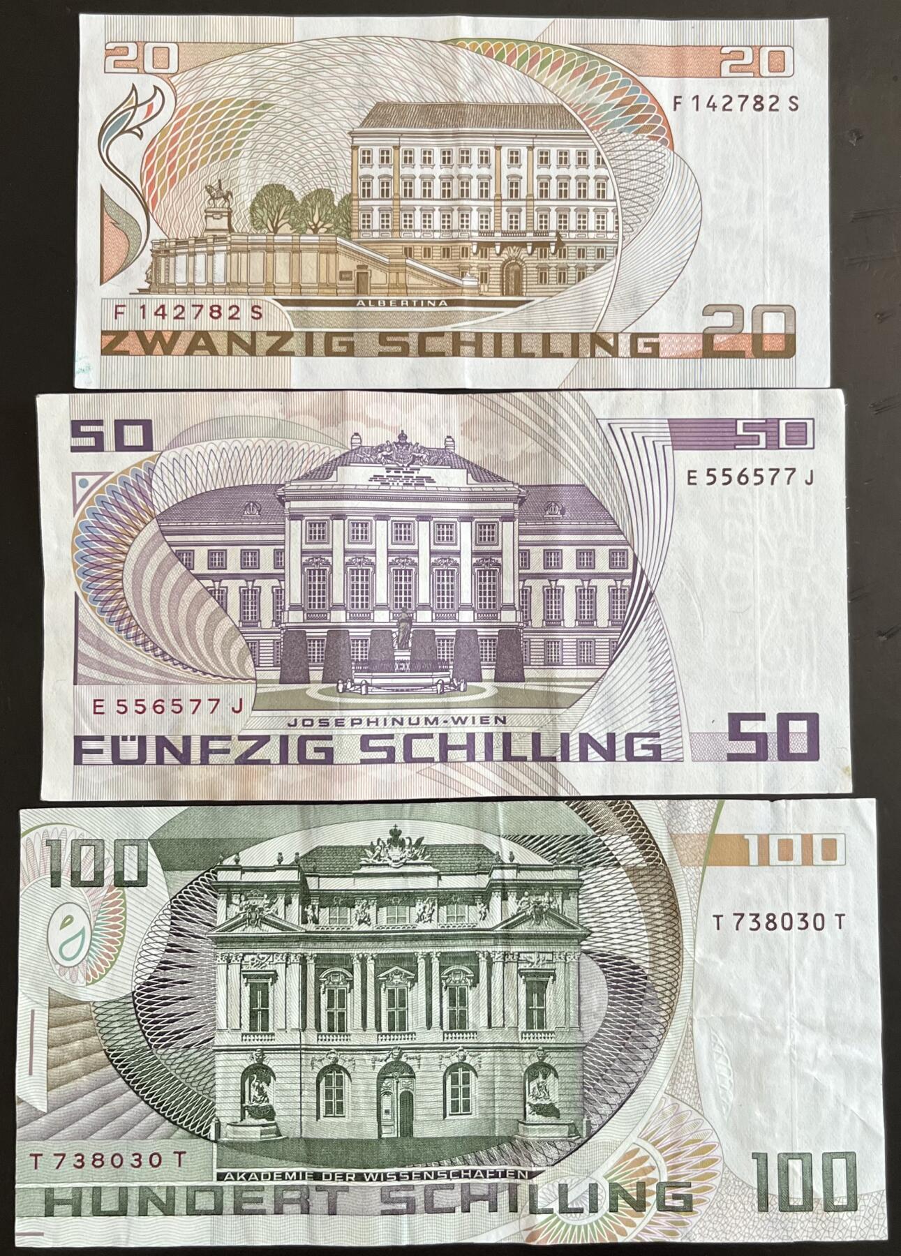 小福收藏拍卖第202期 流通品相裸钞 特惠场 本场全部为欧洲纸币【佣金仅收2% 不设最低佣金 全场包邮】 奥地利 20+50+100先令 1组3张